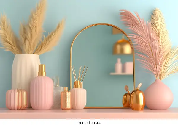 Gold and Pink Home Decor with Mirror and Pampas Grass