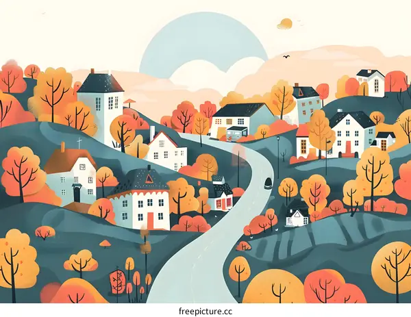 Autumn Village Landscape with Winding Road