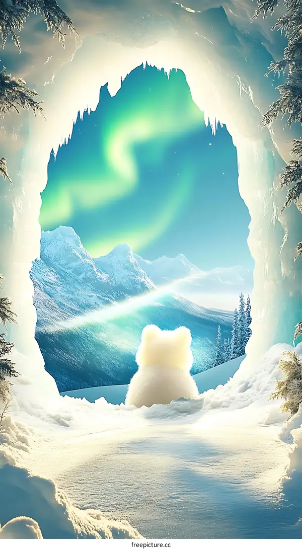 White Bear Looking at the Aurora Borealis Through a Snowy Cave