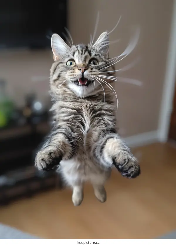 A cute cat is jumping in the air with its mouth wide open
