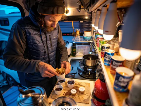 Man making coffee in a camper van