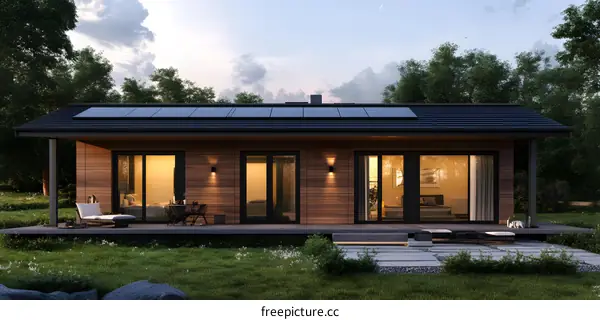 Modern Wooden House With Solar Panels On The Roof