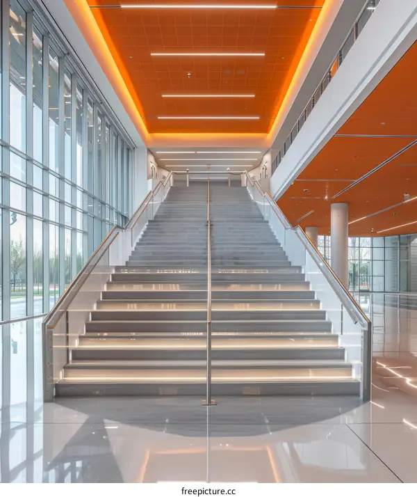 Modern office building interior with wide staircase and orange ceiling