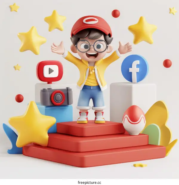 3D Boy Celebrates Success on Podium with Social Media Icons