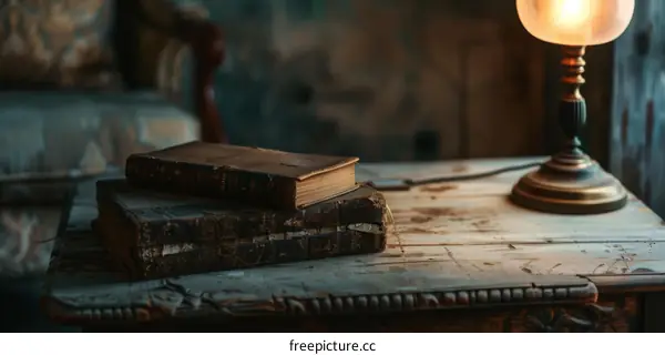 leather-bound books on a wooden table next to a lamp
