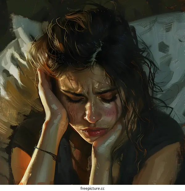 A woman with brown hair and freckles is crying.