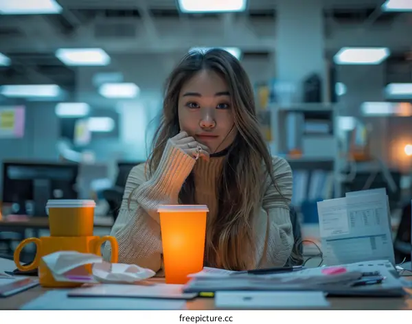 A young Asian woman is sitting at her desk in an office and surrounded by paperwork