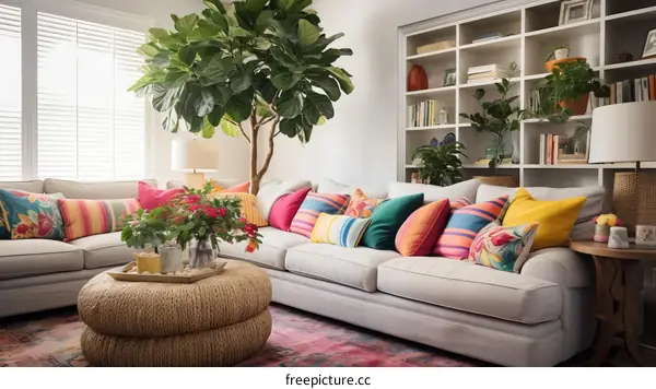 A living room with a large tree, a sofa, and a rug
