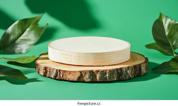 Wooden Display Platform with Natural Leaves