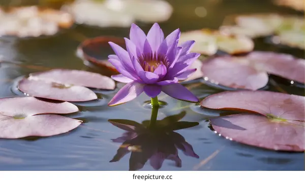 A vibrant purple water lily blooming in a serene pond