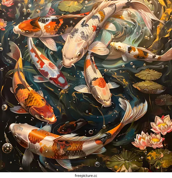 Colorful锦鲤fish in the pond with water lilies