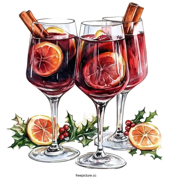 [Transparent Background PNG]Watercolor Illustration of Festive Mulled Wine Glasses