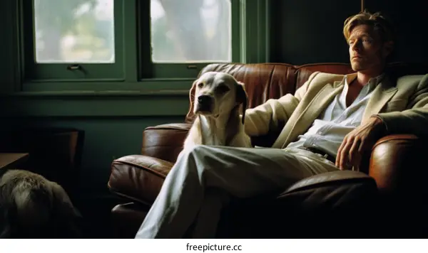 A man and his dog are sitting on a couch