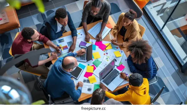 A group of people of color are sitting around a table brainstorming ideas.