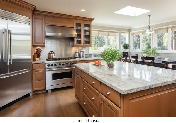 Open concept kitchen with large island and stainless steel appliances