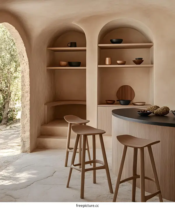 Modern Kitchen Design with Curved Countertops and Archways