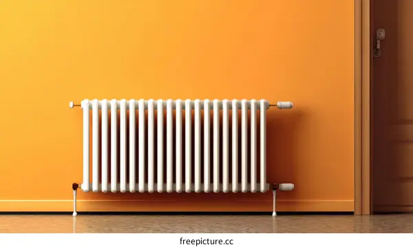 Vintage White Radiator Against Orange Wall
