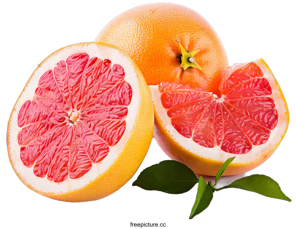 [Transparent Background PNG]Fresh Ripe Grapefruit Fruit Slices With Green Leaves