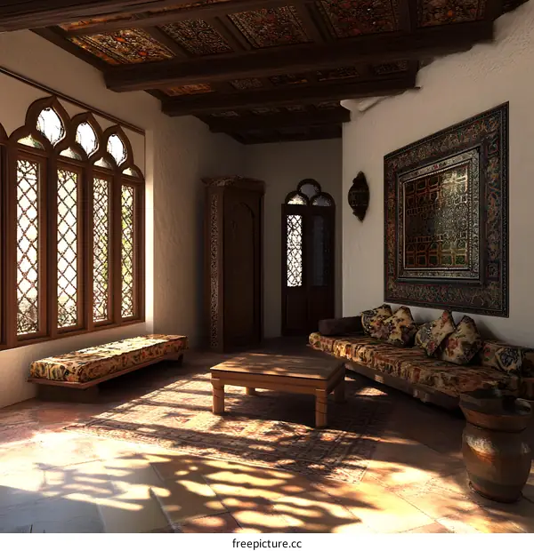 Traditional Middle Eastern Interior Design With Ornate Ceiling and Rug