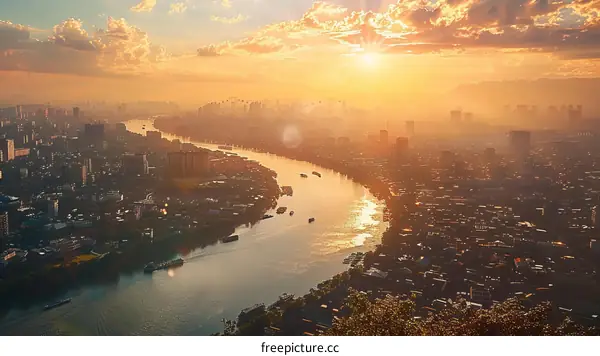 Chongqing city skyline at sunset with the Yangtze River flowing through it