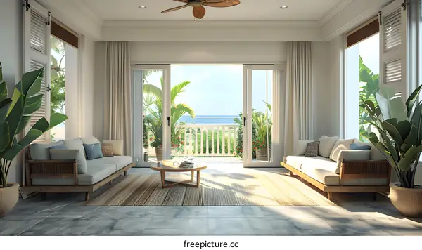Tropical Living Room Interior Design with Ocean View