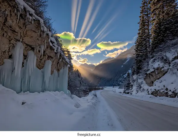 Winter Landscape With Sunbeams Shining Through Clouds