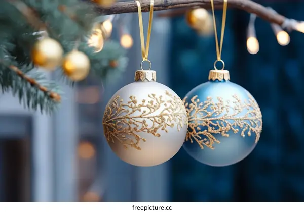 Two Christmas Balls Hanging from a Branch