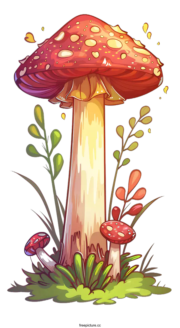 [Transparent Background PNG]Red and White Mushroom Illustration with Green Grass