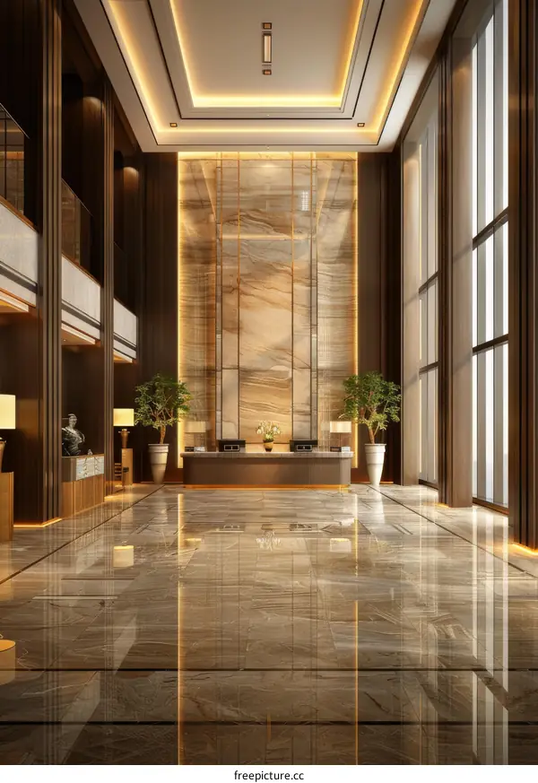 Modern hotel lobby interior with marble walls, plants and large windows