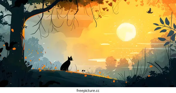 Black Cat Sitting in the Woods Illustration