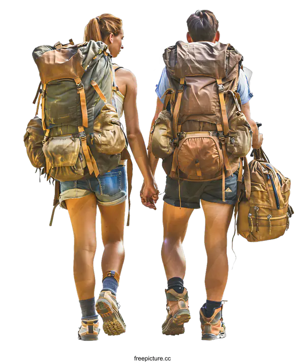 [Transparent Background PNG]Two backpackers are walking on a mountain trail
