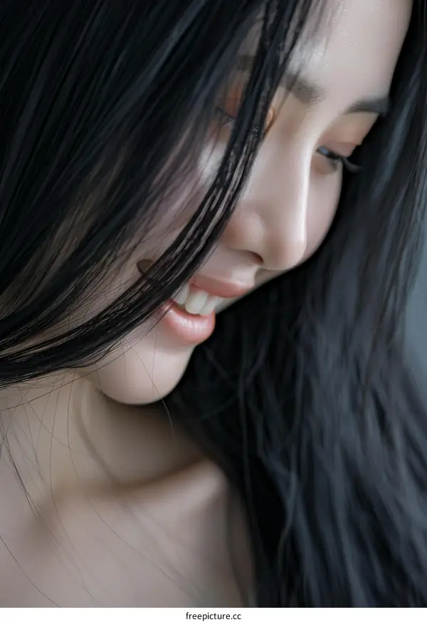 Alluring Asian woman with long black hair smiling shyly