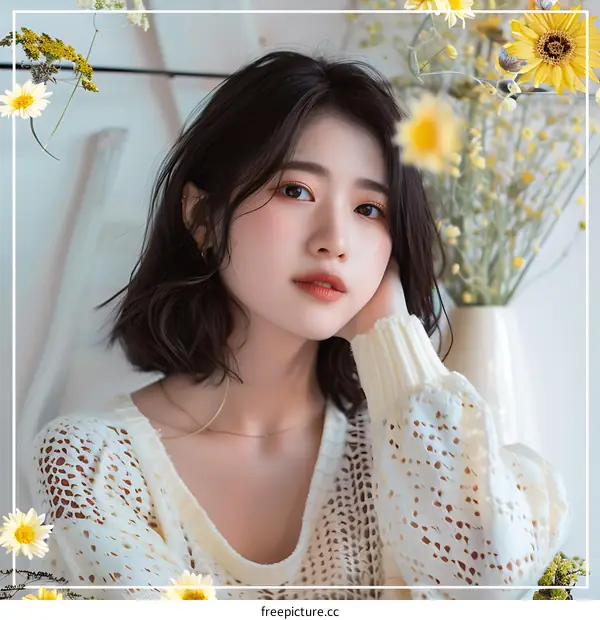 Closeup Portrait of Asian Woman in White Sweater with Yellow Flowers