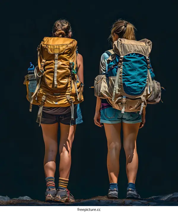 Two women with backpacks standing on a rock in front of a dark background
