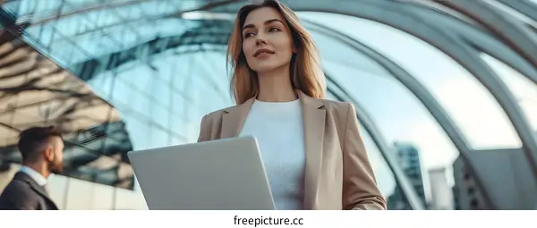 Woman Holding Laptop In Front Of Modern Building