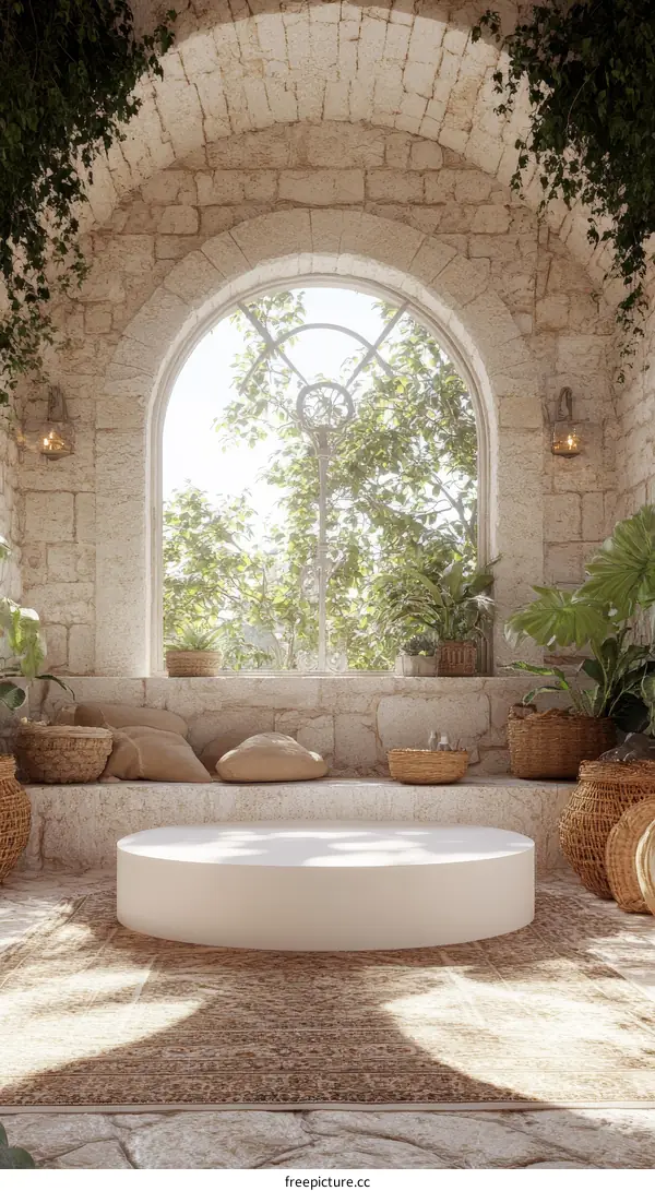 Empty Round Pedestal in a Stone Archway Outdoor Setting