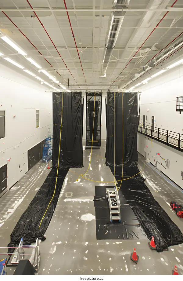 Black Tarpaulins Cover Large Room With Yellow Ropes