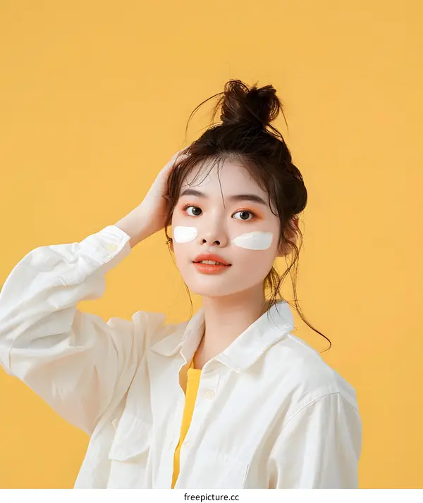 Young Asian Woman Wearing White Shirt and White Face Mask on Yellow Background