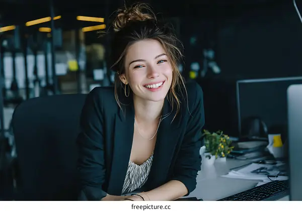 Smiling Caucasian Woman in Office Environment