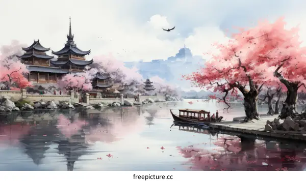 An illustration of a Chinese landscape with a river, trees, and buildings