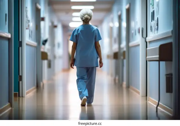 A nurse walks down a hospital hallway