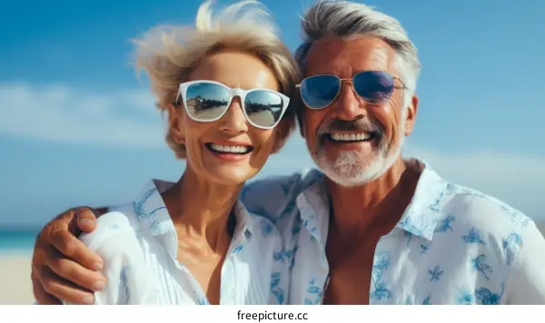Happy retired couple smiling and embracing on a sunny beach