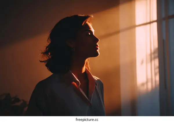 Sunlit Window Silhouette of a Young Woman with Curly Hair