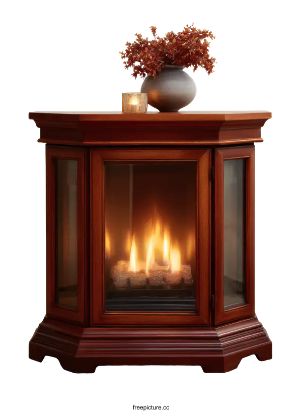 [Transparent Background PNG]Ornamental Wooden Corner Fireplace with Decorative Accent