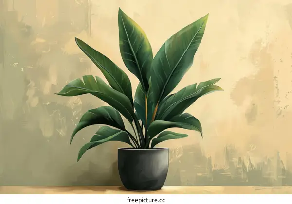 A painting of a potted plant with large green leaves