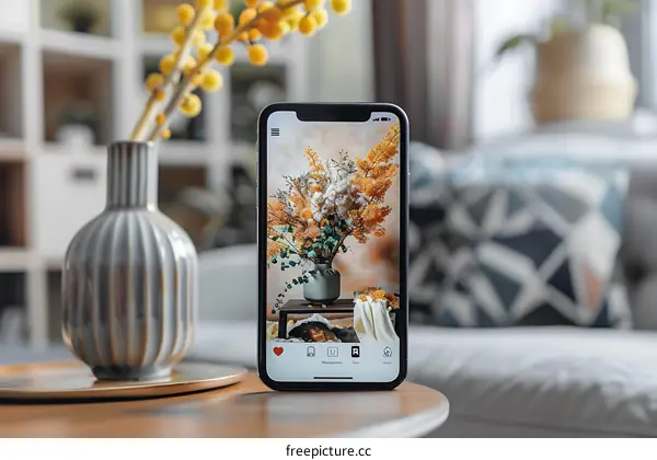 Phone Display Showing a Picture of Dried Flowers in a Vase