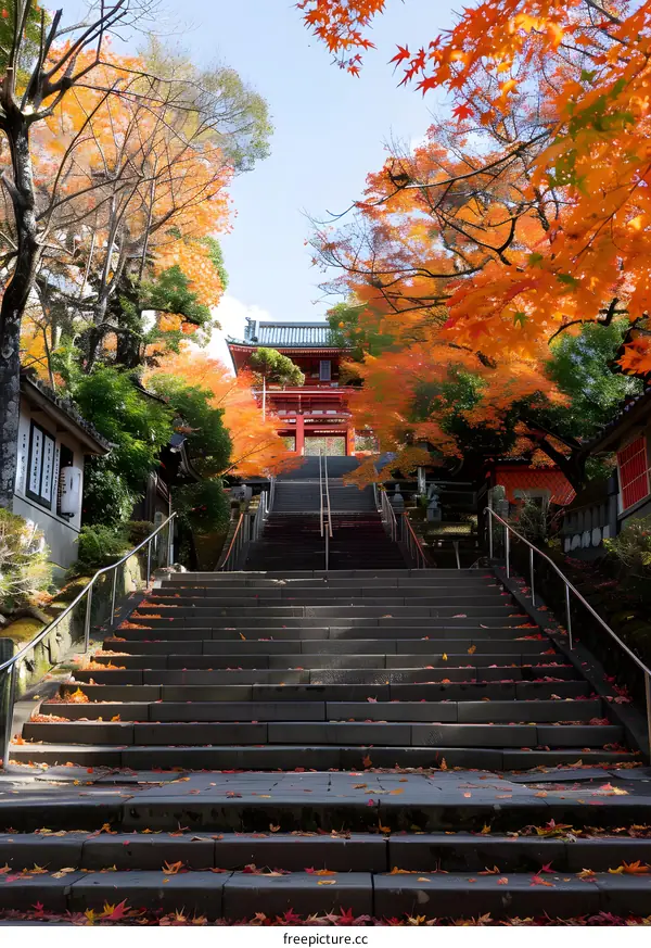 Autumn Leaves at a Japanese Temple Stairway