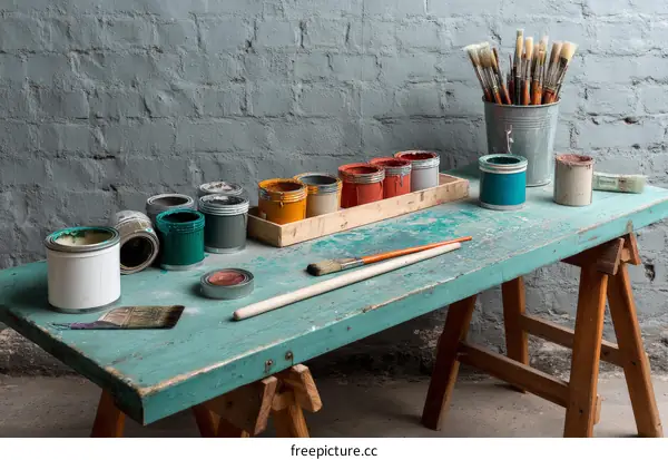 Paint Cans and Paintbrushes on a Wooden Table