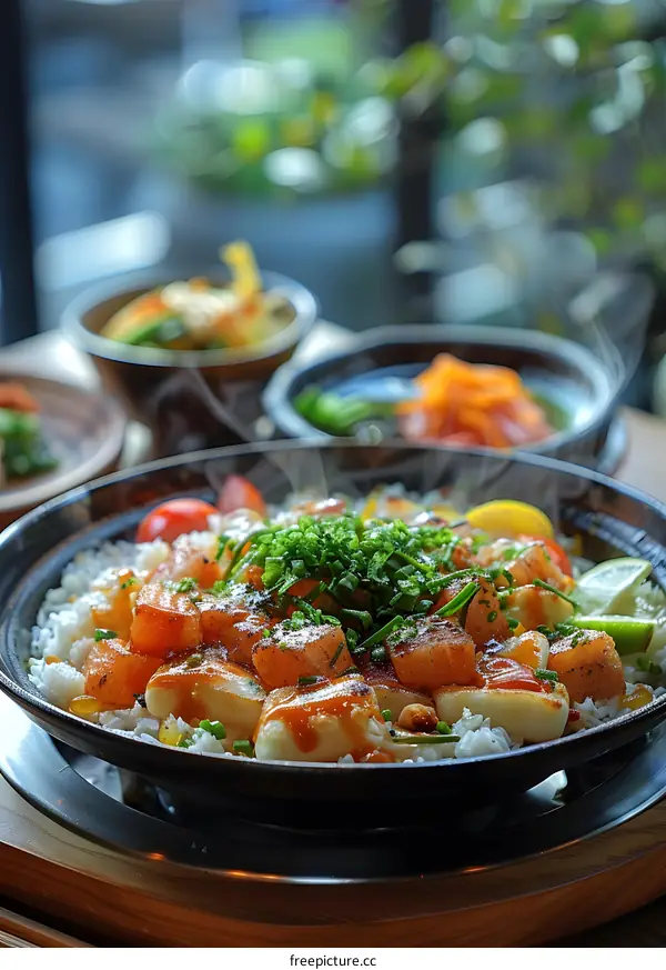 A plate of delicious food with rice, salmon, and vegetables
