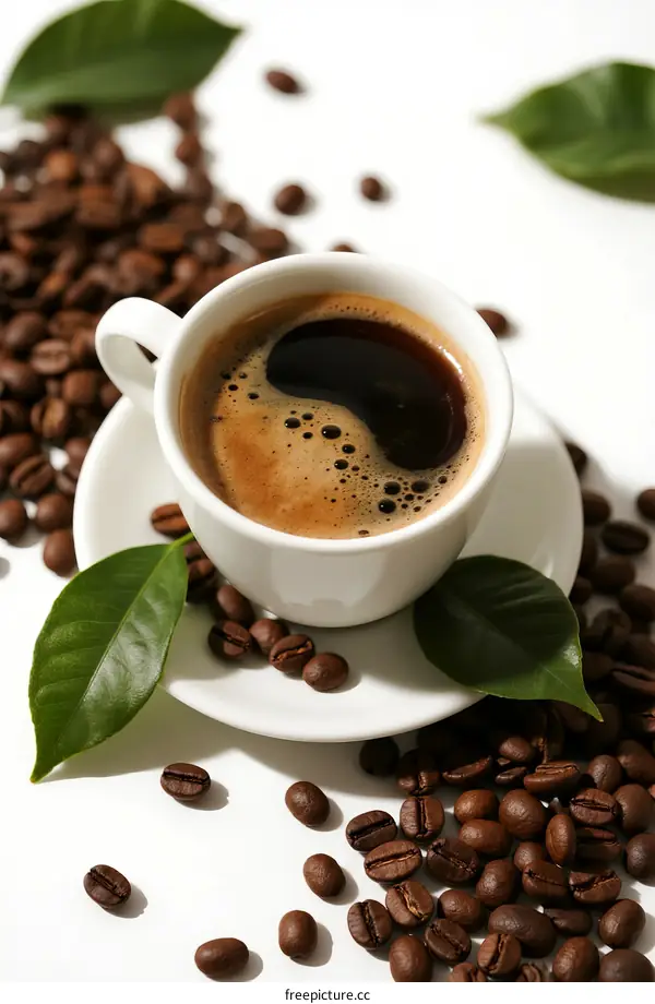 A cup of black coffee with coffee beans and leaves around